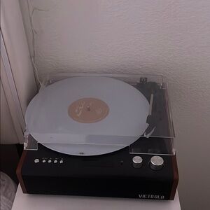 Black and Silver Vinyl Record Player with Dust Cover